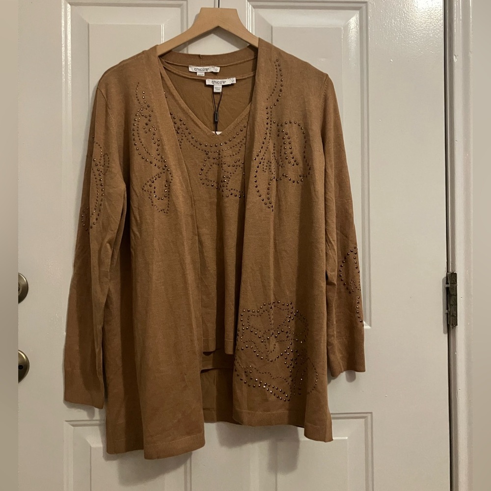 Chico’s-v-neck top & cardigan set , embellished gold tone studs tan color